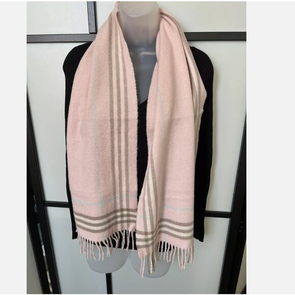Vintage Authentic Burberry Pink Nova Check Plaid Cashmere Fringe Scarf Wool - Picture 2 of 5